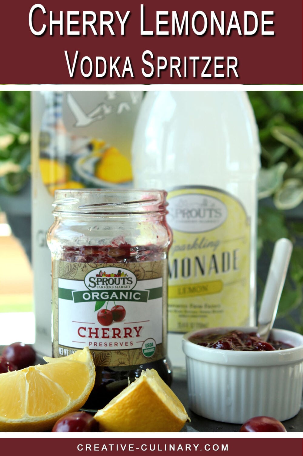 Pin image for Cherry Lemonade Vodka Spritzer ingredients.