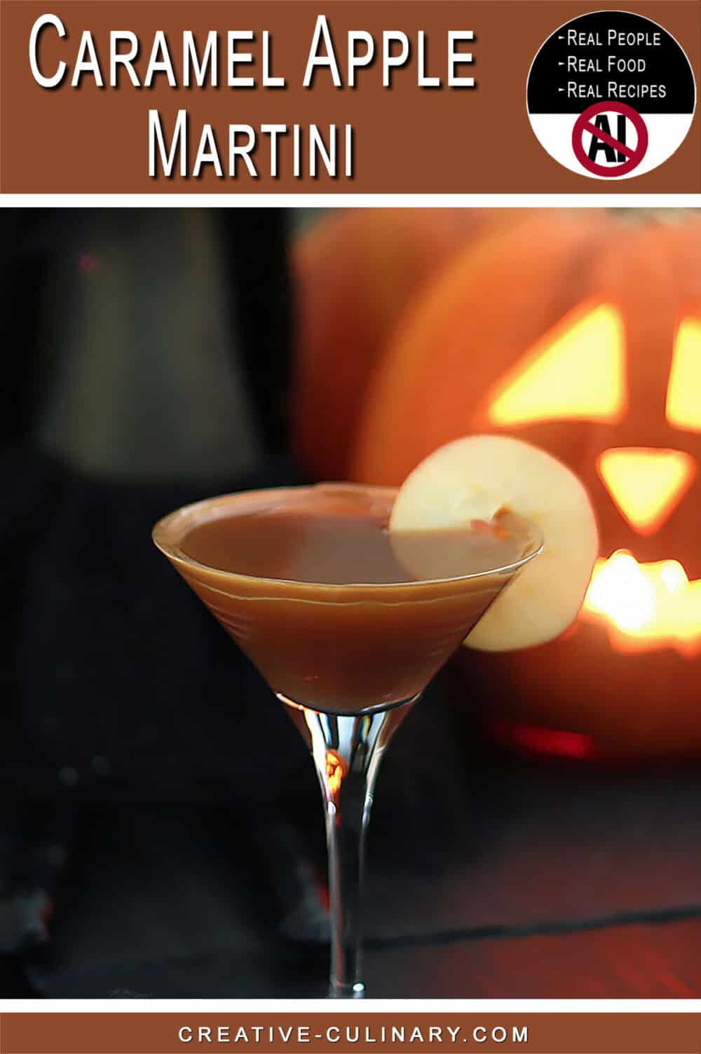 Caramel Apple Martini with caramel and apple garnish on dark background.