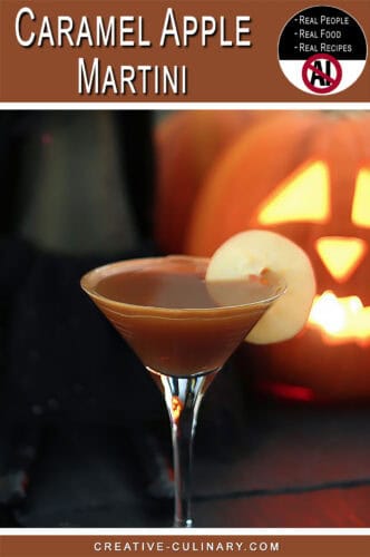 Caramel Apple Martini with caramel and apple garnish on dark background.