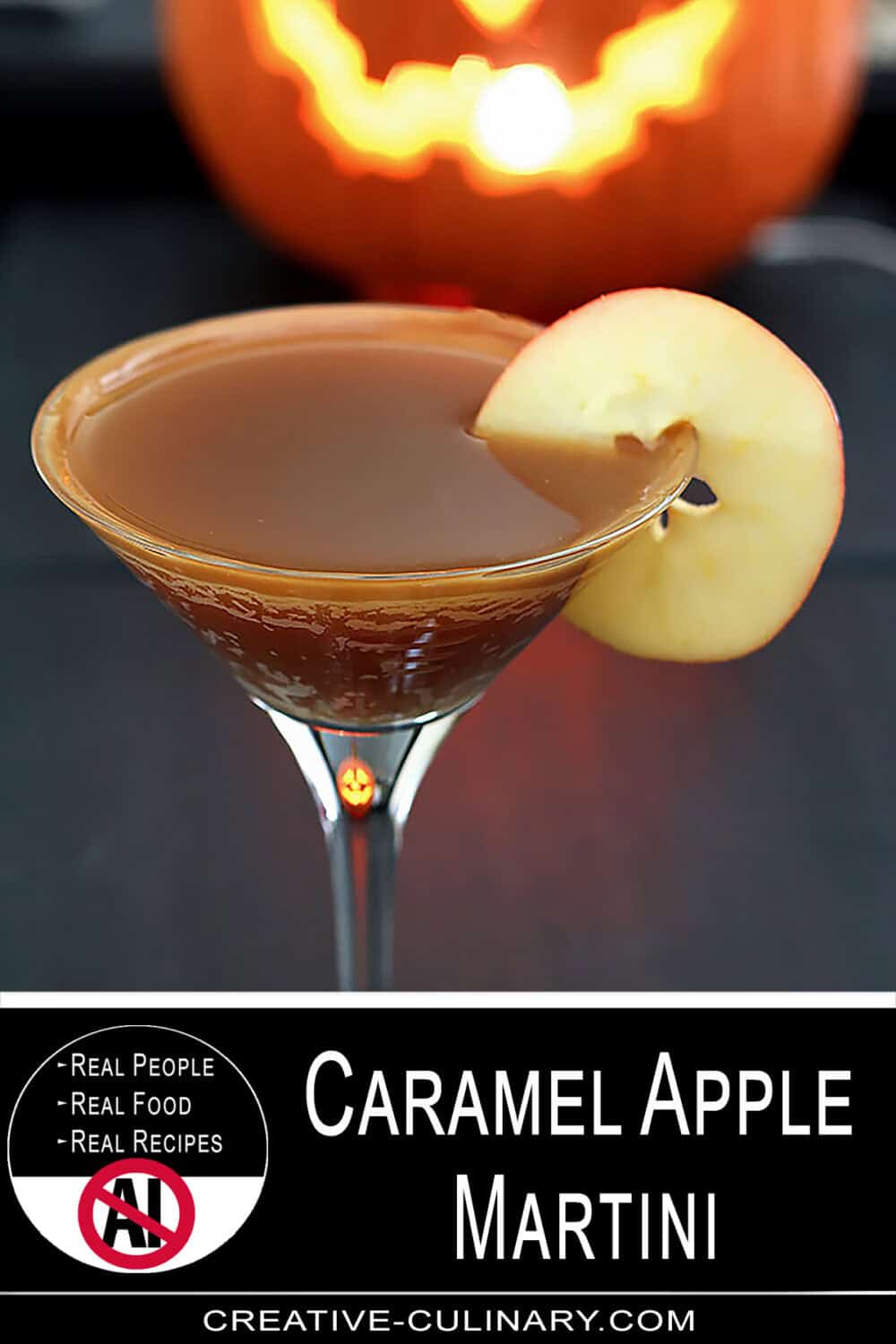Caramel Apple Martini with apple slice garnish on a cocktail glass.