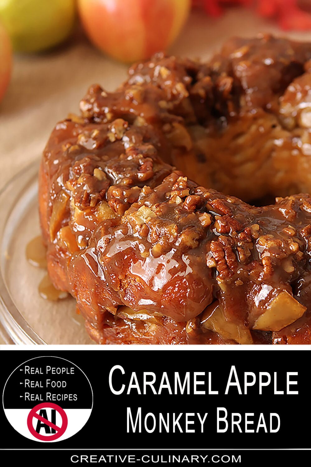 Close-up of caramel apple monkey bread with caramel glaze and nuts.