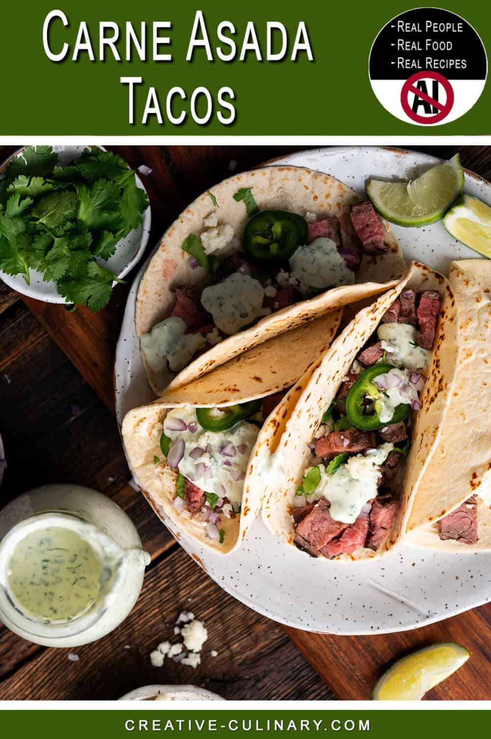 Delicious carne asada tacos with fresh toppings and lime wedges.