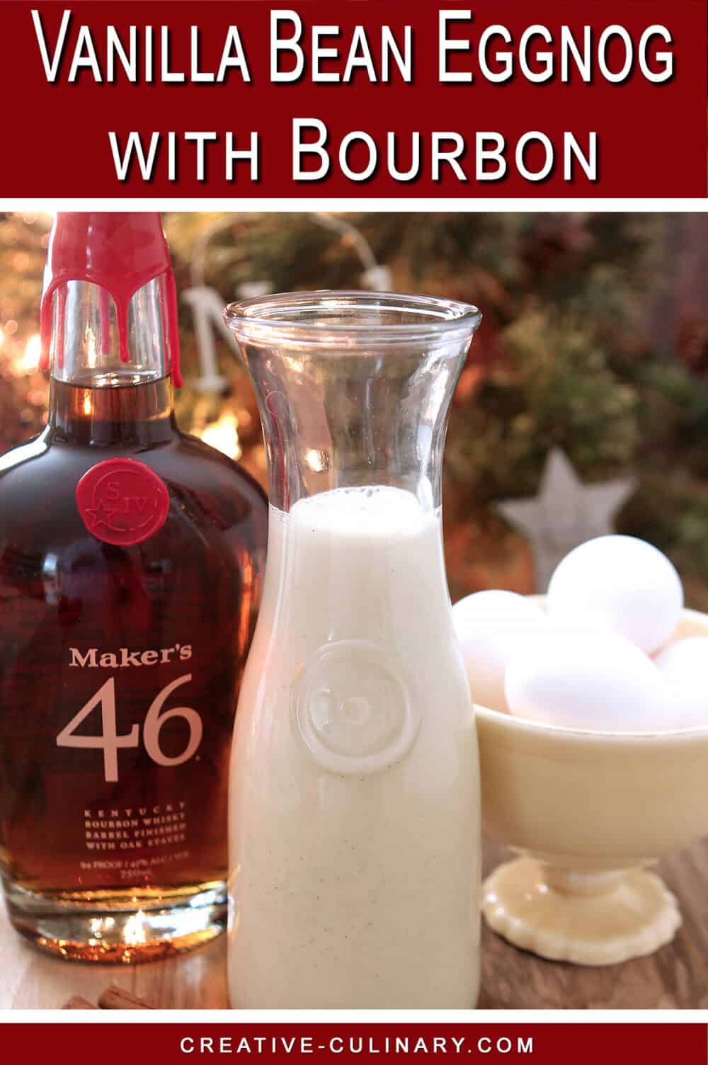 PIN for Homemade eggnog with Maker's Mark Bourbon in a tall glass pitcher for serving.