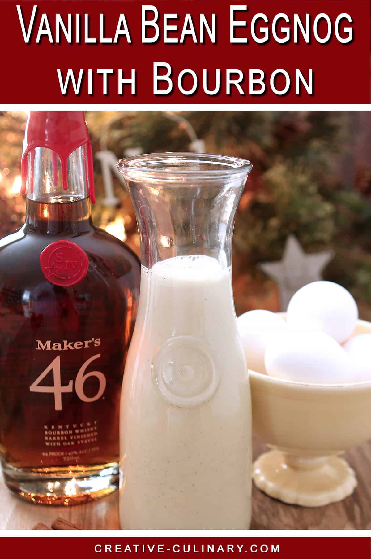 PIN for Homemade eggnog with Maker's Mark Bourbon in a tall glass pitcher for serving.