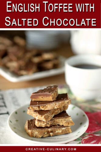 PIN for White plate with English Toffee pieces stacked and accompanied by a cup of coffee.
