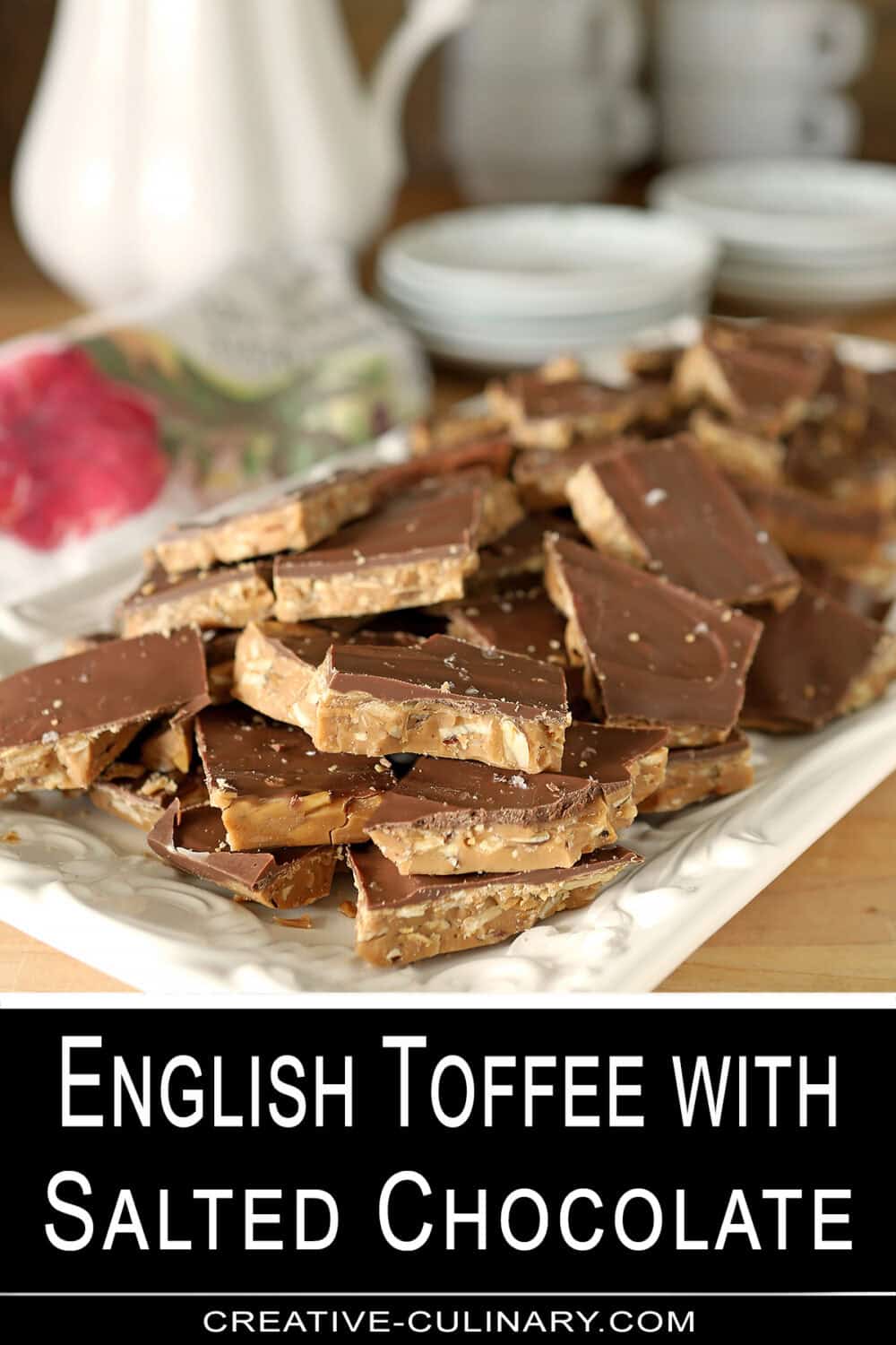 PIN for English Toffee with Salted Chocolate and Toasted Almonds on a White Serving plate.