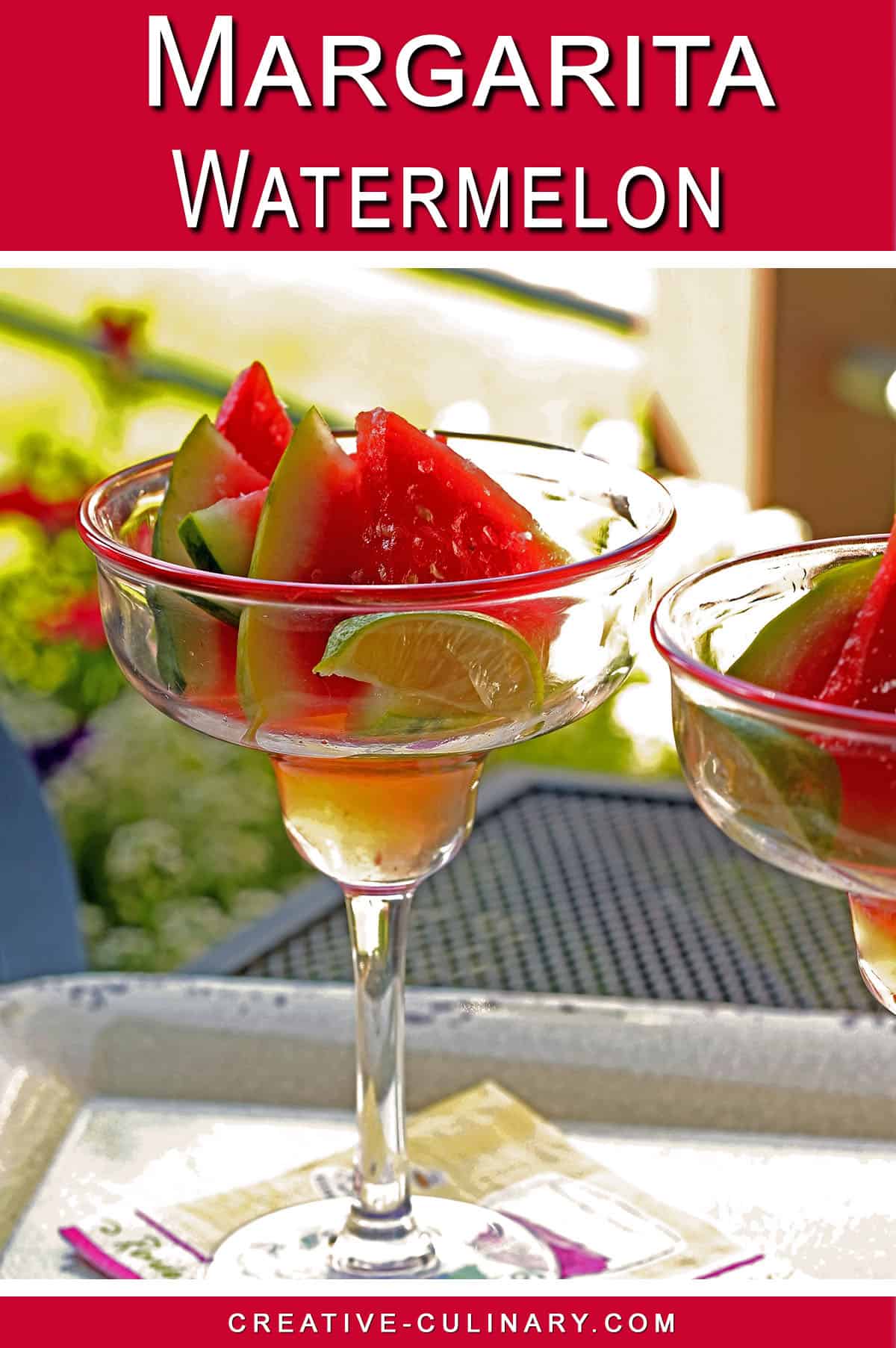 PIN for Slices of watermelon are served in a Margarita glass with a syrup made with tequila, orange liqueur, and lime.