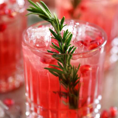 Rosemary garnishes a lowball glass with a cocktail made with Pomegranate, rosemary, and gin.