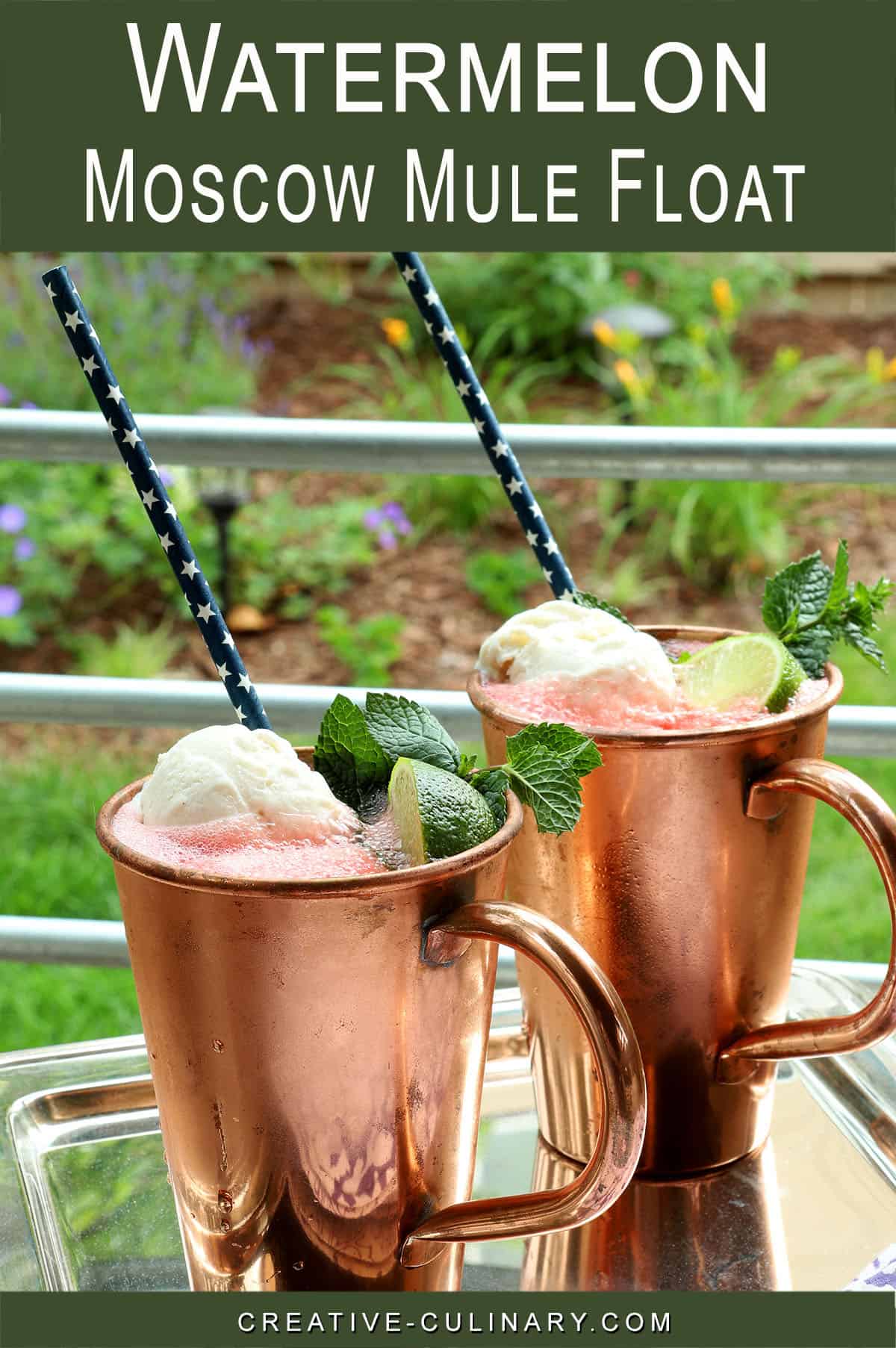 PIN for Two copper mugs on an outdoor table filled with watermelon, vodka, lime, and ginger beer; topped with vanilla ice cream.