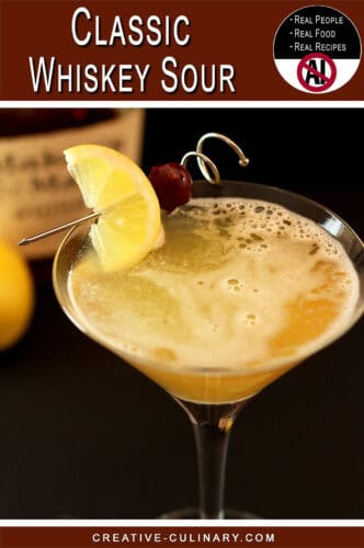 PIN for a classic whiskey sour cocktail with lemon and cherry garnish.